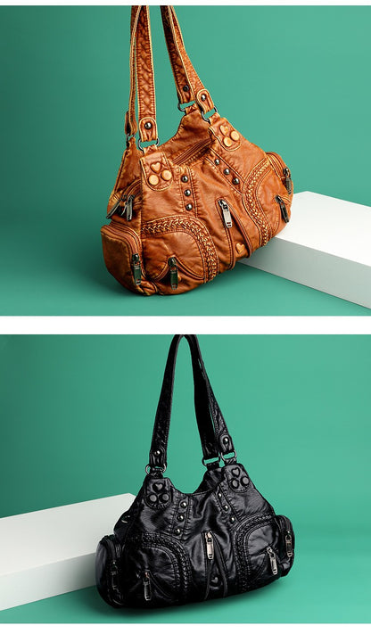 Black Y2k Women Shoulder Bag Vintage Punk Goth Fashion Designer Pu Leather Tote Bag Large Capacity Rivet Motorcycle Handbag