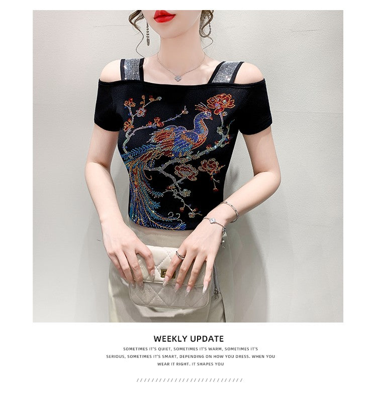 Summer New Fashion Cartoon T-shirt Chic Hollow Out Hot Diamonds Tees Sexy Off Shoulder Short Sleeve Women's Tops Blouse