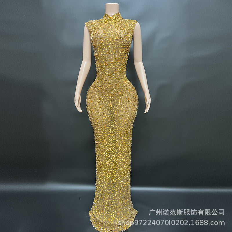 Sexy Full Drill Elastic Slim Fit Sleeveless Long Dress - Hip Wrap, For Host Stage Catwalk & Engagement Evening High-Slit Dresses