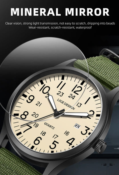 LIGE Top Brand Luxury Men Quartz Watch Date Nylon Leather Waterproof Luminous Military Sports Watches For Men relogios masculino