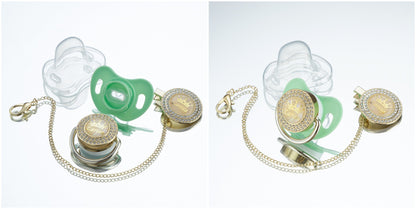 Miyocar Bling Custom Pure Green Pacifiers Bring 3 Replacement Silicone Teat Include All Size for Boy Girl Baby Shower Gift