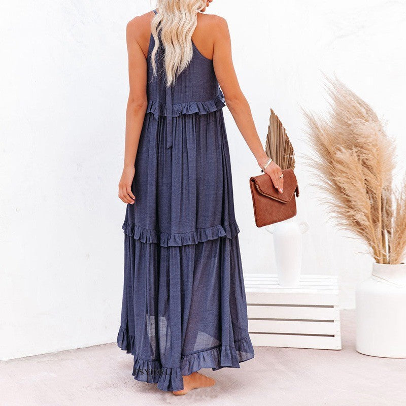 Elegant Women's Apricot Ruffle Edge Long Mop Floor Dresses Summer Fashion Hangin