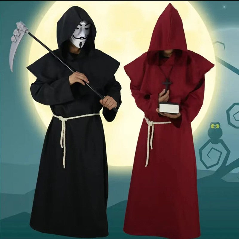 Medieval Monk Cosplay Wizard Hooded Robe Steampunk Priest Horror Cloak For Men Unisex Mask Hat Costume Halloween Masquerade Cape