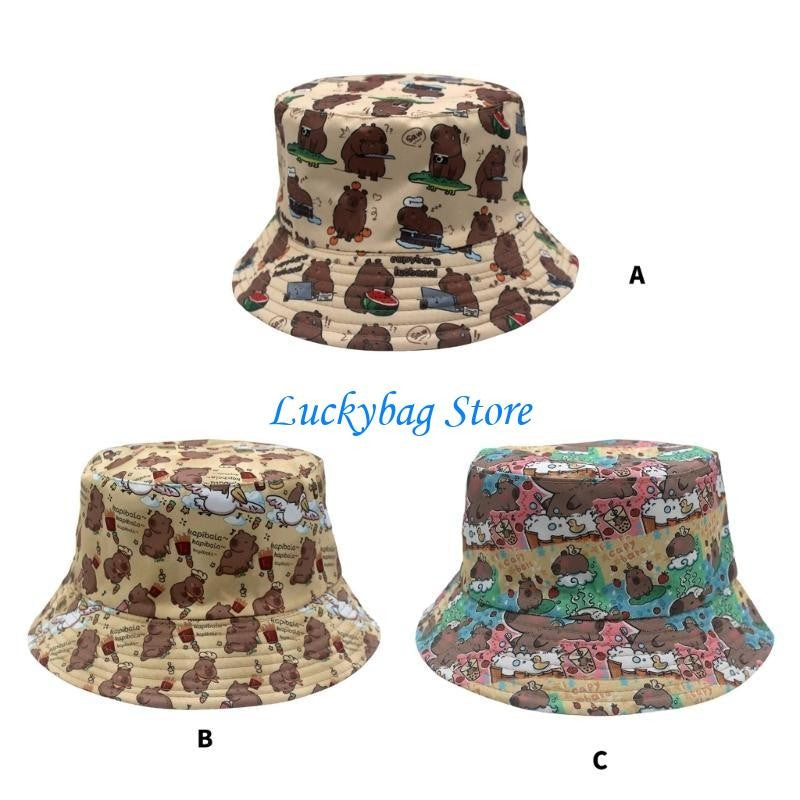 X7XE Trendy Capybara Pattern Fisherman Hat Beach Vacation Bucket Sunshade Hat for Animal Lover and Trendsetters