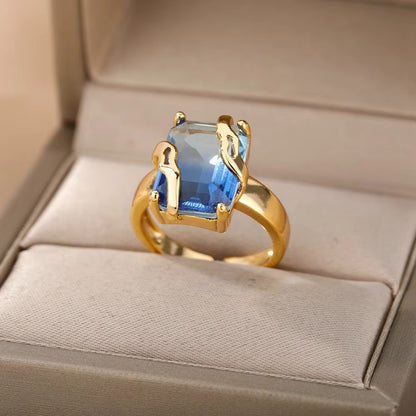 Anéis de Luxo em Aço Inoxidável Banhado a Ouro Pedra Colorida Zircônia Cristal Coração Anel Feminino Casamento Joias Boho Presente de Natal