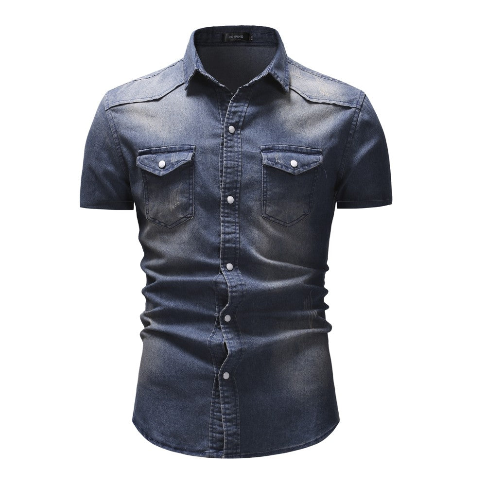 Men Denim Shirts Tops Shirt Short Sleeve Button Turn Down Collar Single Breasted Slim Fit Solid Simple Casual Splice Top 2024