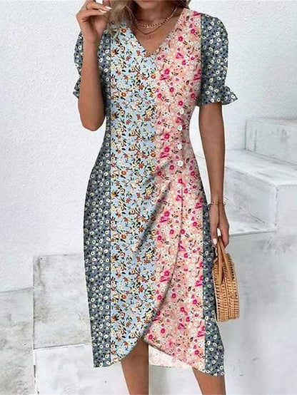 Elegant Floral Pleated H shaped Midi Dress Female V Neck Puff Sleeve Waist Ruche