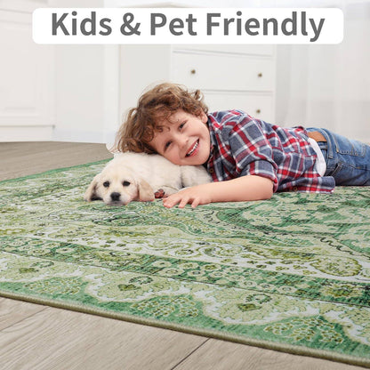 Area Rugs for Living Room, Machine Washable Vintage Rug, Non-Slip Low Pile Throw Rugs with Rubber Backing Washable Carpet