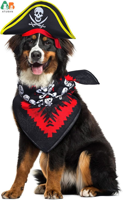 Chapéu de Pirata ATUBAN com Estampa de Caveira para Animais de Estimação com Bandana de Caveira para Cães e Gatos, Boné de Capitão, Fantasia de Pirata para Cosplay de Halloween, Festa de Halloween