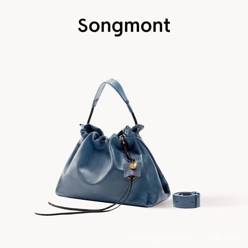 Songmont Genuine Leather Mini Bucket Bag Adjustable Drawstring Multi Straps White Black Blue Casual Chic Crossbody Bag Oversized