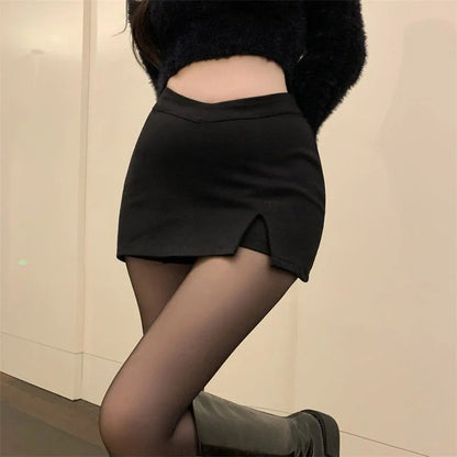 Black Split Mini Skirts Women Summer Sexy Club High Waist Slit Skirt Streetwear