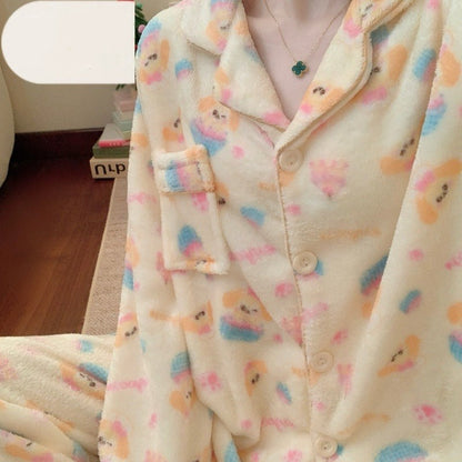 Winter Pajamas Lapel Neck Women's Pajamas Long Sleeve Kawaii Dog Warm Sleepwear Harajuku Style Cute Casual Pajamas Two-Piece