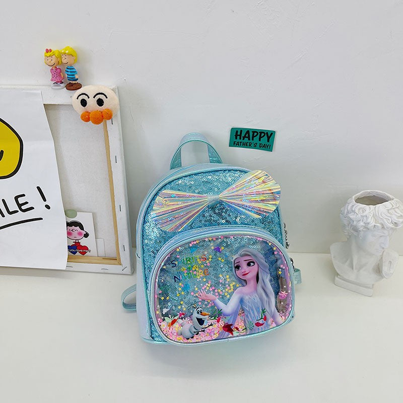 Mochila Mini de Glitter Princesa Elsa de Frozen da Disney, Linda com Laço de Lantejoulas, Bolsa Escolar de Jardim de Infância para Meninas, Desenho Animado Infantil, Mochila de Ombro Duplo