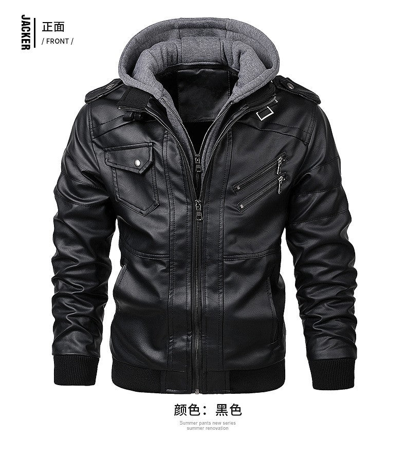 Men's Autumn Winter Casual PU Leather Hooded Zipper Warm Jackets Male Motorcycle Jacket Military Windbreaker Outdoor Coats