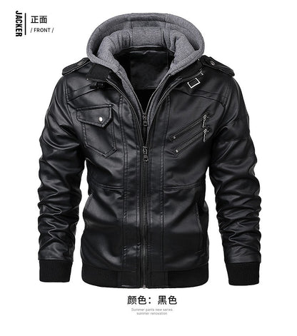 Men's Autumn Winter Casual PU Leather Hooded Zipper Warm Jackets Male Motorcycle Jacket Military Windbreaker Outdoor Coats
