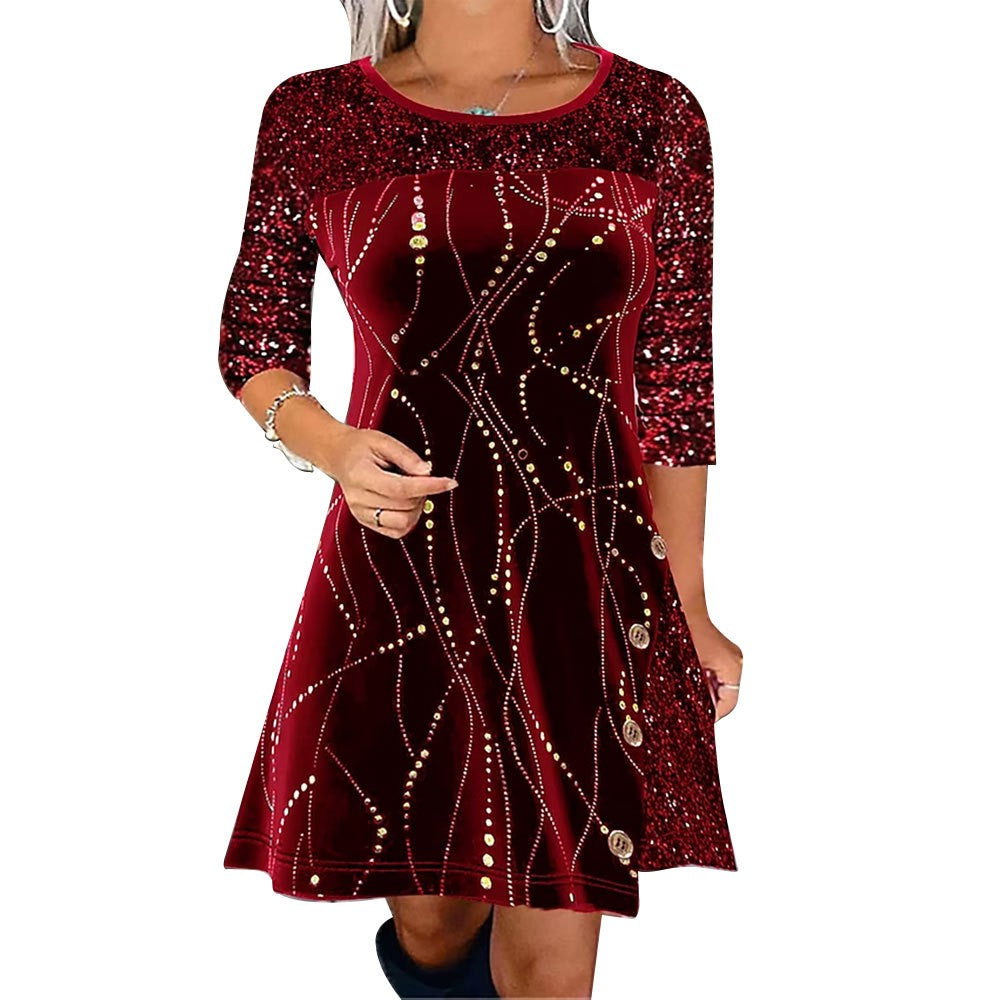 New 2026 Women's Print Casual Christmas Dress Vintage Chic Pattern Mini Dresses Autumn Winter Fashion Sequins Club Party Dress