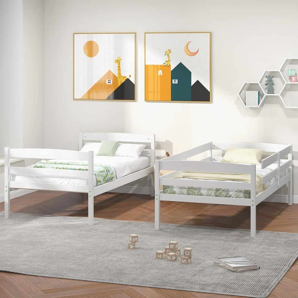 Beliche Madeira Solteiro sobre Solteiro, com Grade de Proteção de Comprimento Total e Escada Integrada, Estrutura de Cama que Economiza Espaço, Colchão F