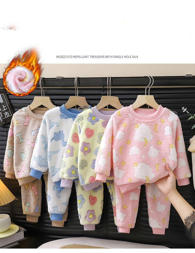 Autumn Winter Sleepwear Flannel Pajamas For Girls Boys Long Sleeve Tops+Pants Suits Fashion Home Clothing Baby Kid Sleep Costume