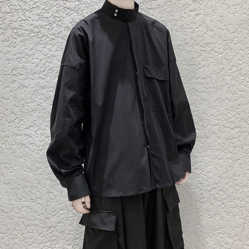 Korean Punk Black Shirt Men's High-end Long-sleeved Shirt Design Japanese Dark Streetwear Men's Handsome Cargo Top Aesthetic