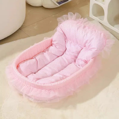 1 Conjunto de Cama de Princesa para Pets com Renda Fofa para o Inverno - Oval de Pelúcia Macia de Poliéster para Cães/Gatos Pequenos, Fácil Montagem, Uso Interno