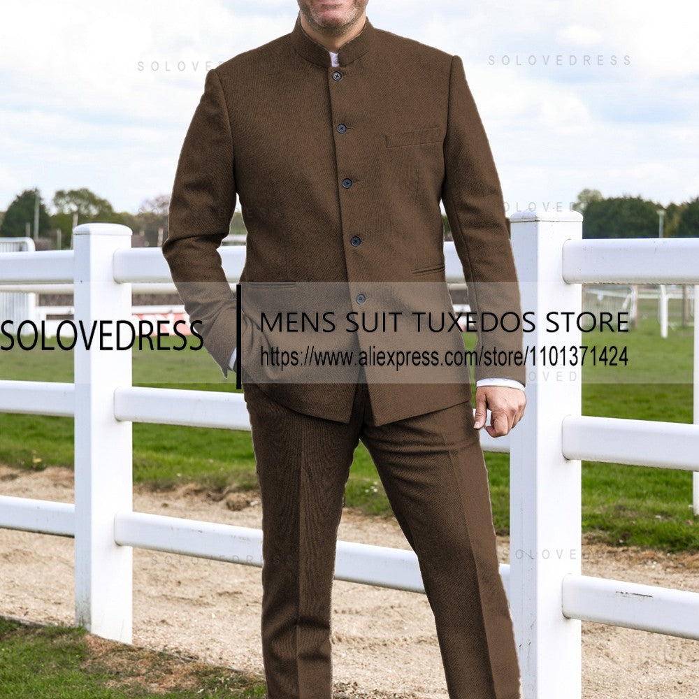 2 Pieces Men's Suits  Herringbone Tweed Stand Collar Single Breasted  Groomsmen Wedding Suits Men suits ?Blazer+Pants?