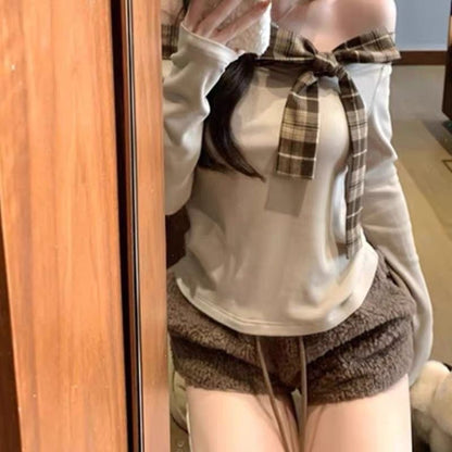 Cute and Sweet Plaid One-neck Long-sleeved T-shirt Fashionable Street Short One-Neck Long Sleeve T-Shirt Y2k Top Women Clothing