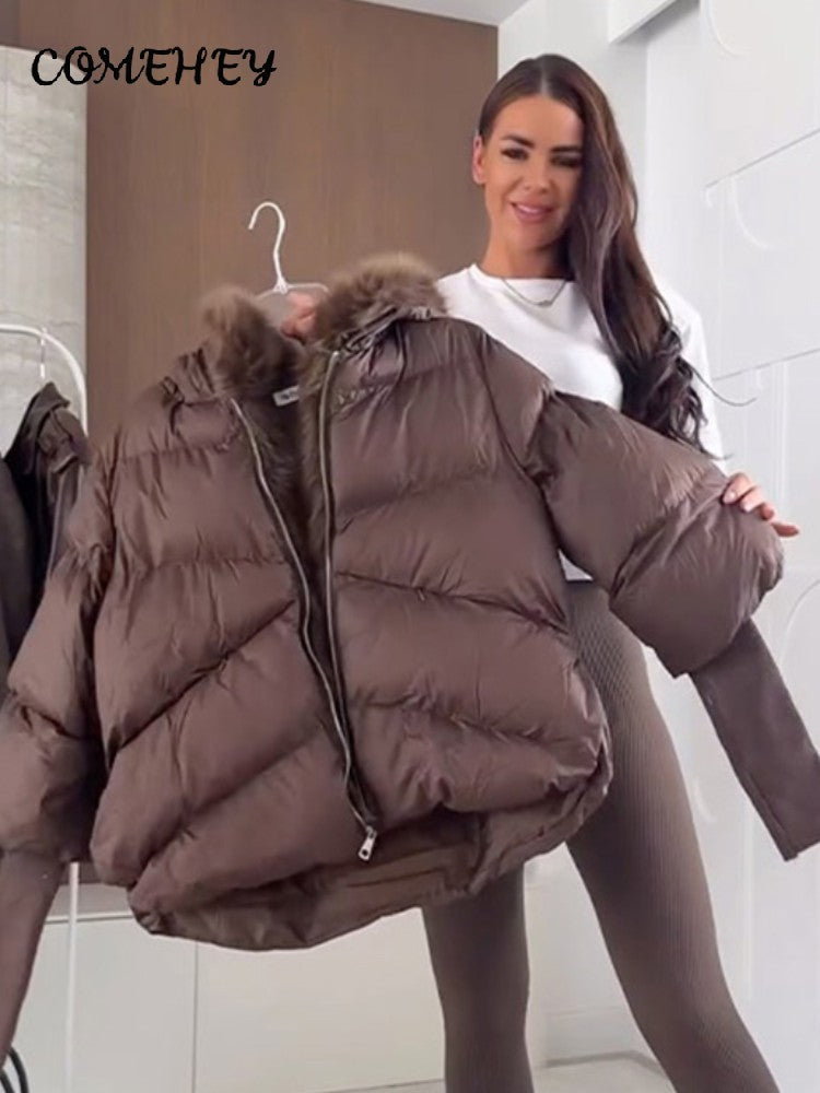 Faux Fur Spliced Hooded Cotton Jackets Women Zipper Long Sleeve Pocket Warm Coats 2025 Winter Fashion Solid Down Jacket New