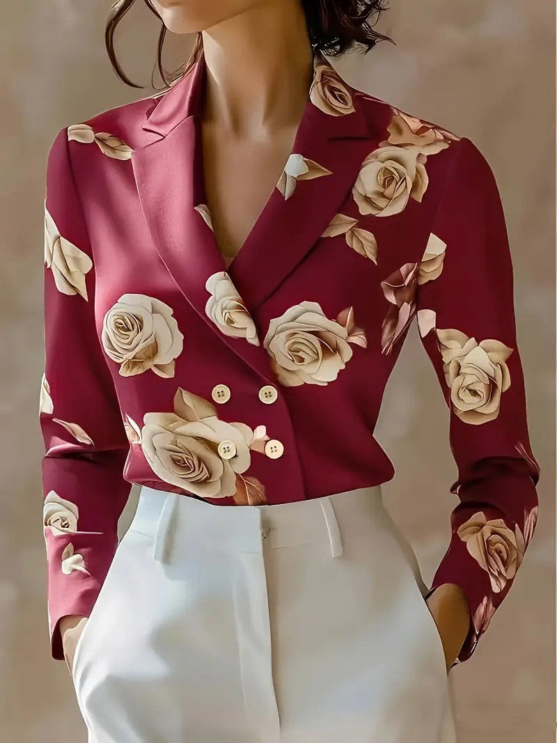 Fashion Flower Print Shirts For Women 2025 Autumn Winter Long Sleeve Turn-down Collar Loose Blouses Tops Elegant