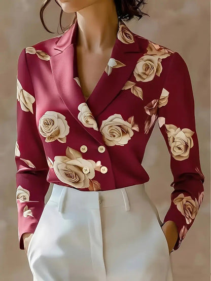 Fashion Flower Print Shirts For Women 2025 Autumn Winter Long Sleeve Turn-down Collar Loose Blouses Tops Elegant