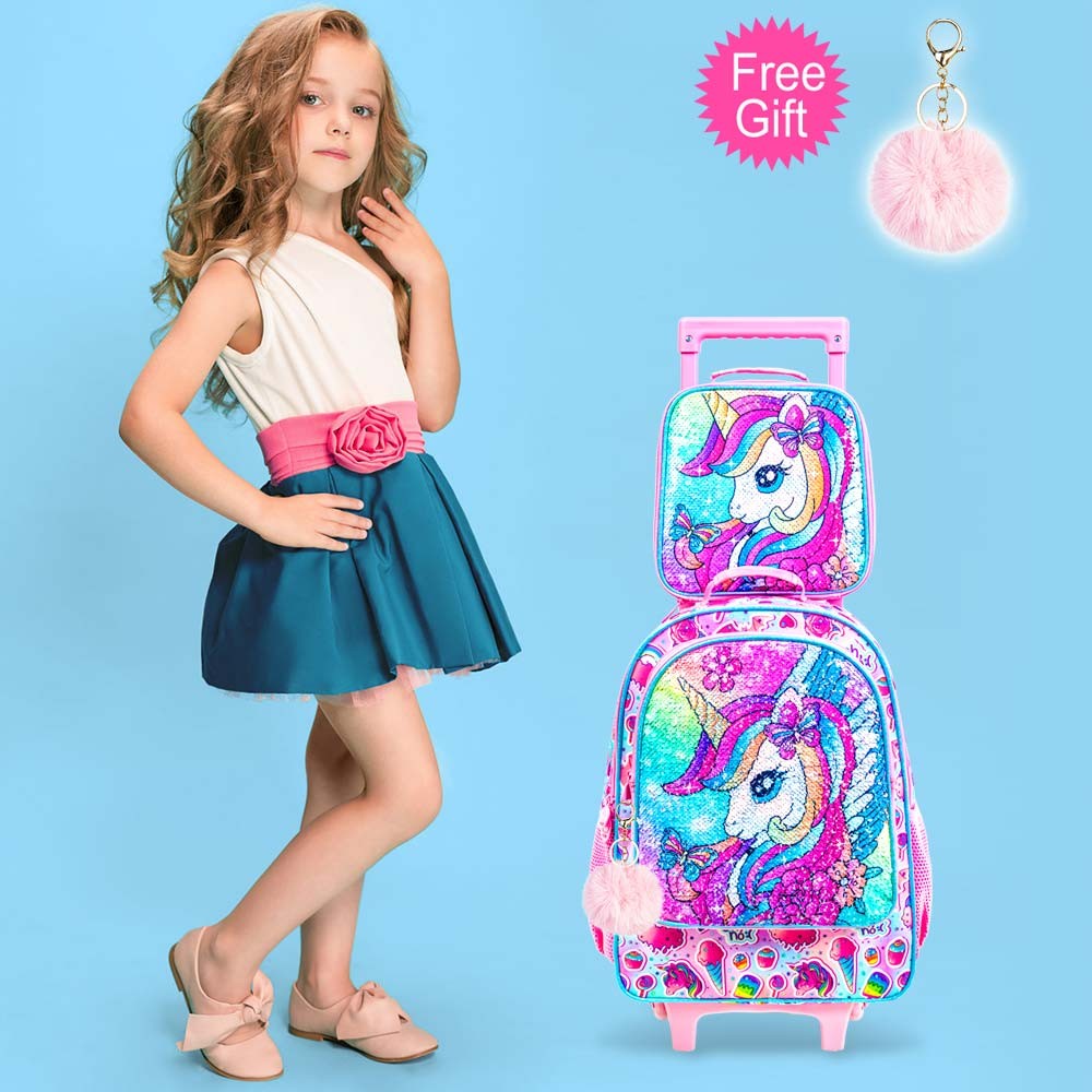 Mochila de Rodinhas de Unicórnio 3 Peças para Meninas, Mochilas Escolares Infantis com Rodas, Mochila de Rodinhas com Lancheira para Pré-Escolares e Ensino Fundamental