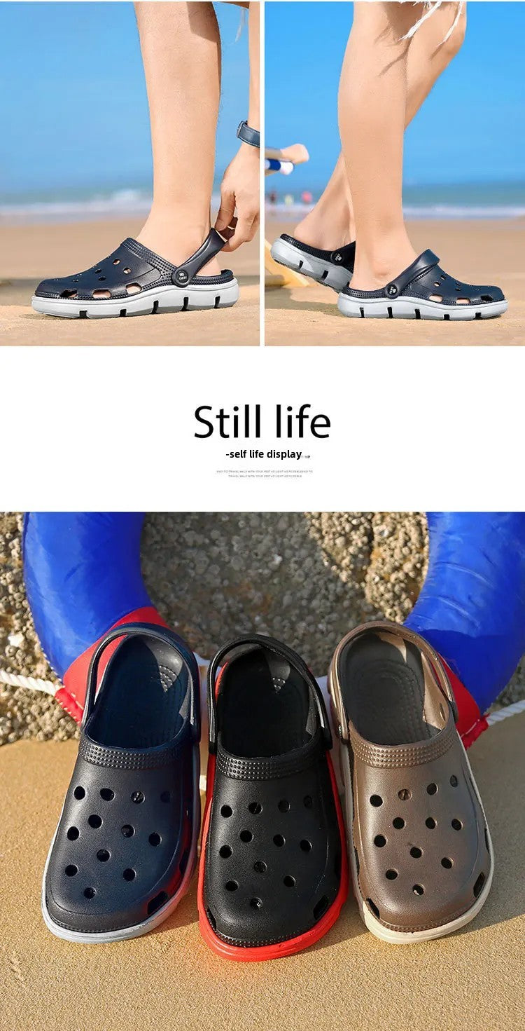 2024 Summer Plus Size Hollow Out Sandals Men's Breathable Slippers Trendy Thick Base Slip-On Beach Shoes Men's Footwear