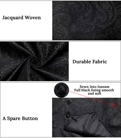 Luxury Paisley Men's Suit Vest Black Pink Red Wedding Prom Tuxedo Waistcoat Necktie Handkerchief Cufflink Sleeveless Jacket Vest