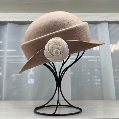 French light luxury Australian wool felt hat Hepburn style camellia flower small brim basin hat women elegant banquet top hat
