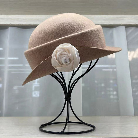 French light luxury Australian wool felt hat Hepburn style camellia flower small brim basin hat women elegant banquet top hat