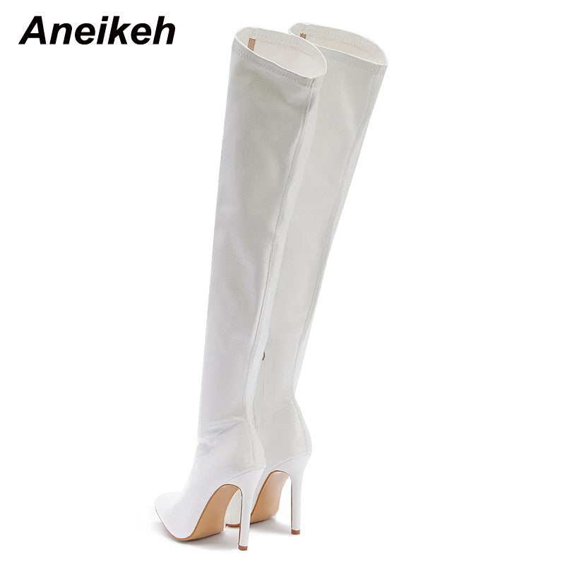 Aneikeh White Sexy Over-the-Knee Side Zipper Slip-On Pointed Toe Shoes NEW Fashion Striped Thin Heels Ladies Boots 2025 Spring