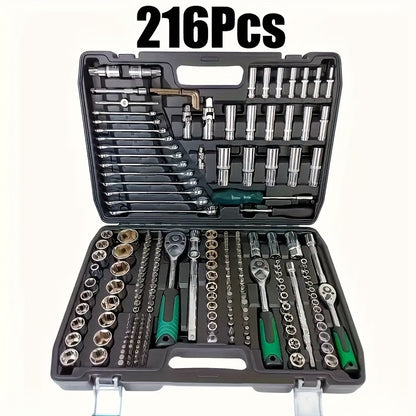 216-Piece Professional Socket Set - 1/2" 3/8" 1/4" Drive SAE & Metric, 72-Tooth Ratchet for Automotive & Home Repair