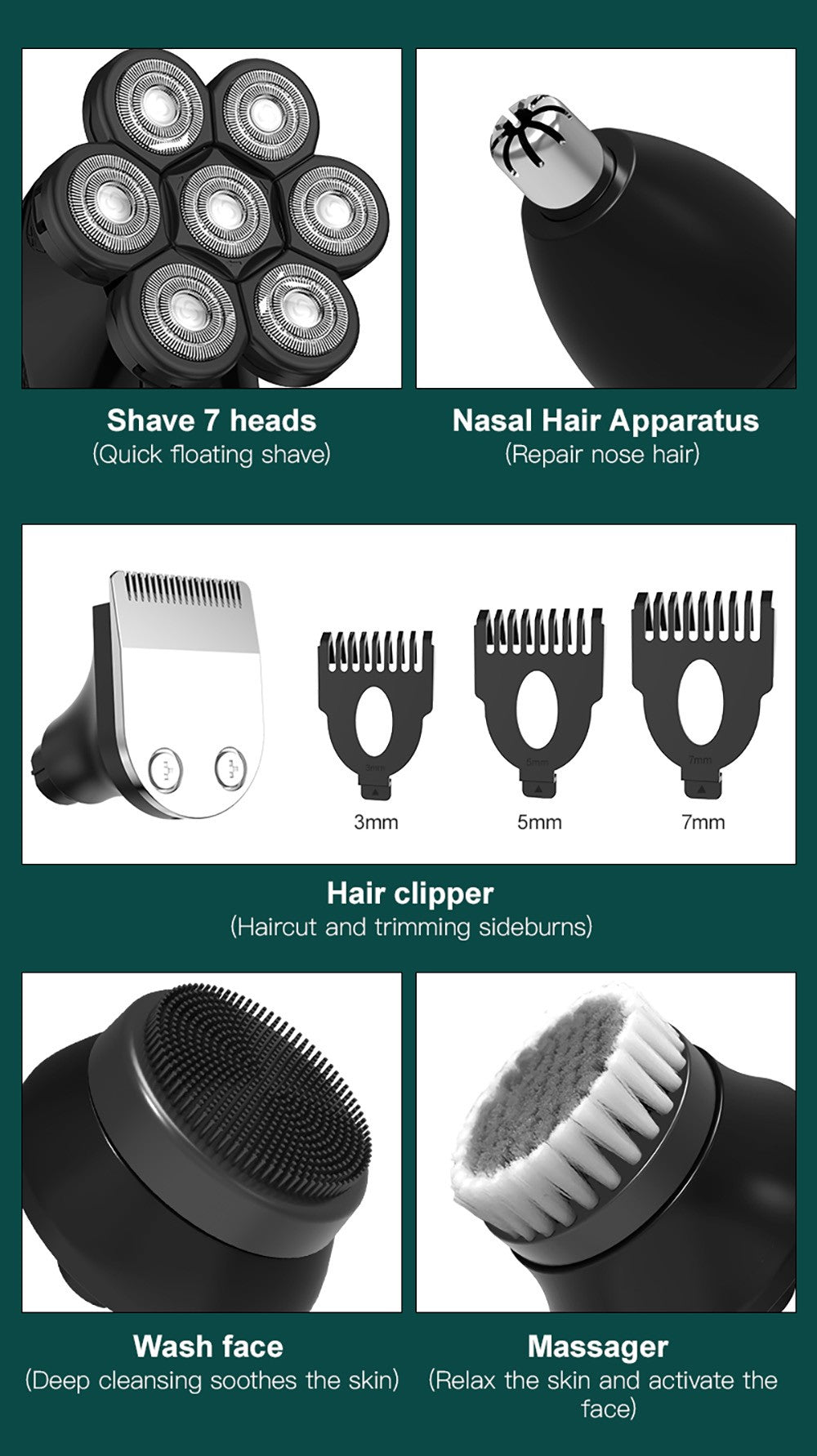 Kensen 5 In 1 Electric Shaver 7D Floating Cutter Head Rechargeable Shaver Kit For Men IPX6 Waterproof Beard Trimmer head shavers