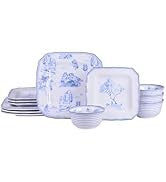 Adelaide 16-Piece Square Floral Dinnerware Set - Service for 4, Turquoise Porcelain Plate, Bowl & Mug Set, Chip Resistant, for E