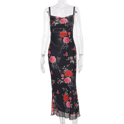 Flowers Print Spaghetti Strap Dresses Women Temperament Package Hip Bodycon Long