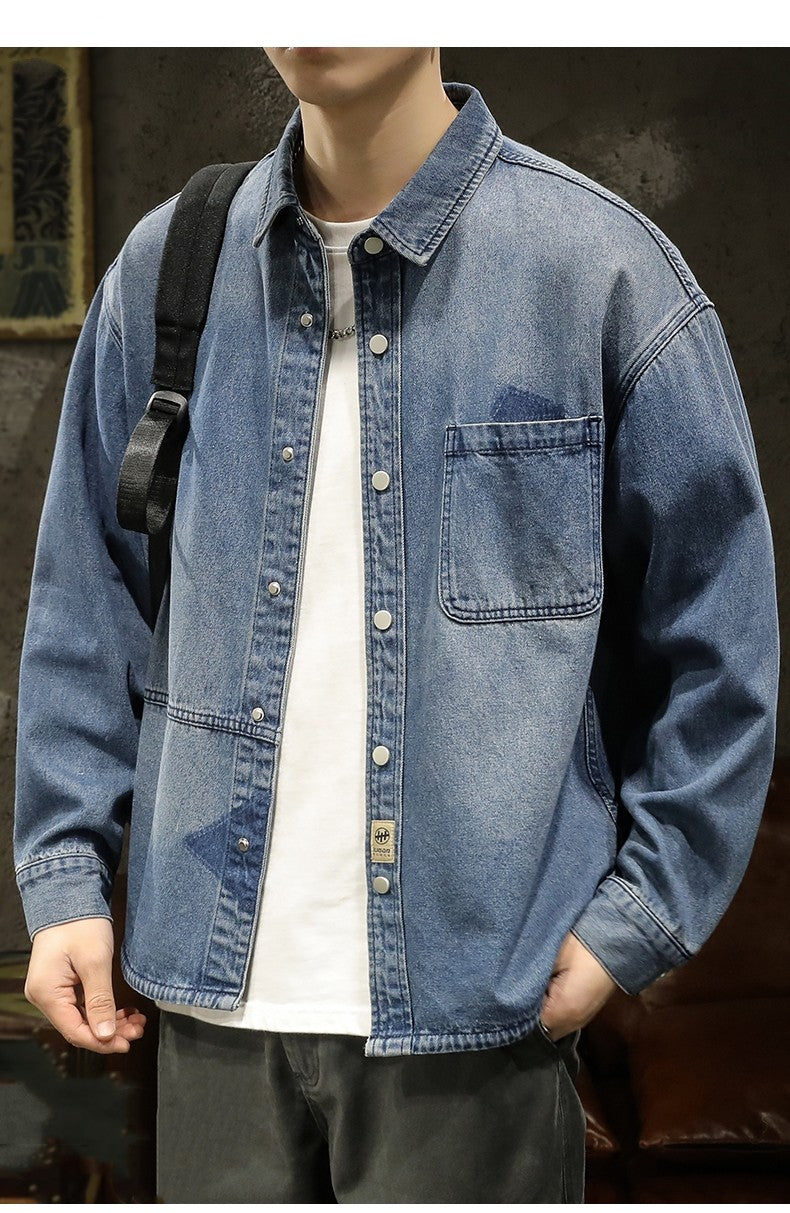 American Sle Heavyweight Men's Denim irt Loose Workwear Jaet Casual Long Sve Breathable Moisture ng Pure Color