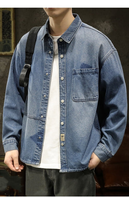 American Sle Heavyweight Men's Denim irt Loose Workwear Jaet Casual Long Sve Breathable Moisture ng Pure Color