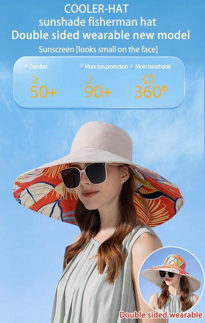 Xinbaoguan 100%poliéster8240Chapéu de pescador de aba dupla alargada NOVO transfronteiriço feminino Chapéu de sol de verão Chapéu de sol fashion