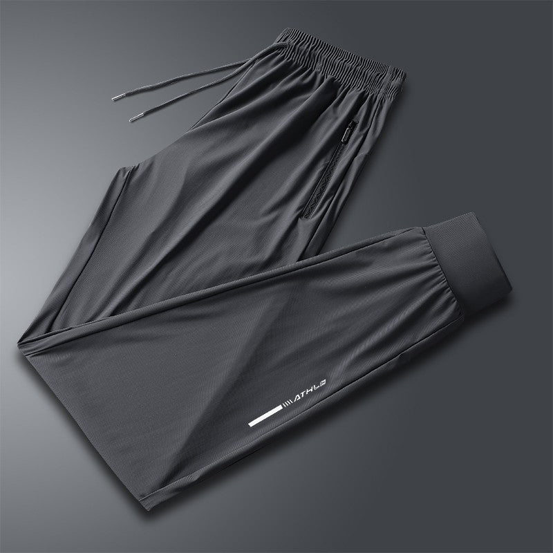 Calça jogging masculina com cordão na cintura, fresca, de secagem rápida e respirável, calça esportiva da moda de alta elasticidade, adequada para fitness