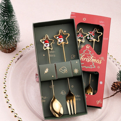 Warm Christmas Gift! Creative Santa Doll Dessert Spoon Fork 2-Piece Set Portable Tableware in Gift Box Sweet Surprise Friends