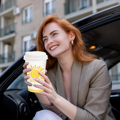 50 Conjuntos de Copos de Café Boho Sol com Tampa 16oz Copos de Papel Amarelos Sunshine First Trip Around The Sun Descartáveis Para Viagem