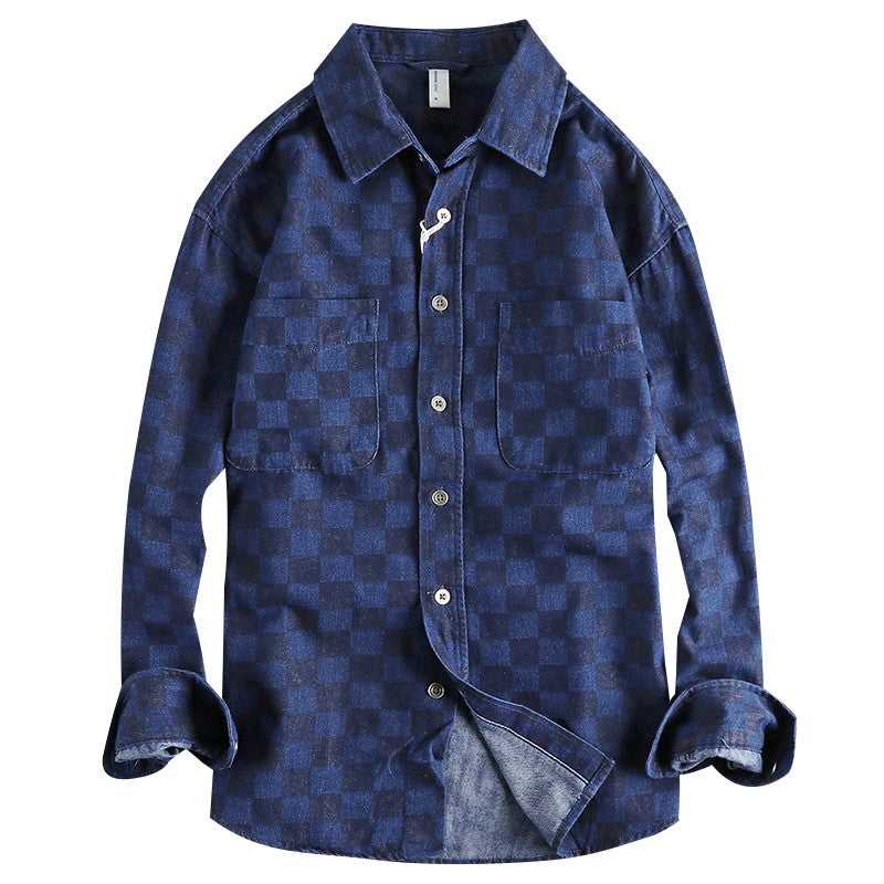 Spring Japanese Retro Long Sleeve Lapel Denim Plaid Cargo Shirts Men's High Street 100% Cotton Washed Loose Casual Thin Jacket