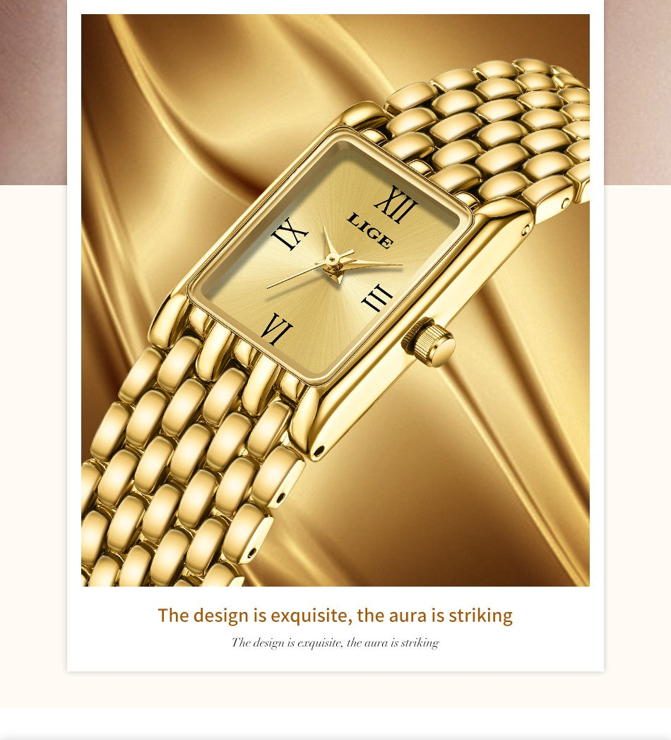 LIGE Silver Watch for Women Square Ladies Quartz Wristwatches Stainless Steel Women Small Gold Watch Luxury Casual Fashion Watch