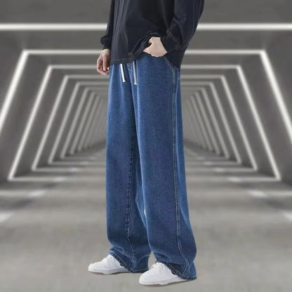 2025 New Korean Men's Casual Long Jeans Classic Man Straight Denim Wide-leg Pants Gyms Solid Color Light Blue Grey Black M-3XL