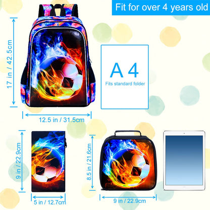 Mochila de Futebol para Meninos 3 Peças, Mochila Escolar Infantil com Lancheira, Mochila Escolar de 17" Resistente à Água para Adolescentes do Ensino Fundamental e Médio