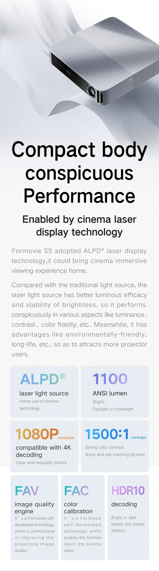 Formovie S5 Laser Projector FHD 1080P 1100ANSI Lumens Beamer Portable Mini For Home Smart Theater ALPD Bluetooth Outdoor Cinema